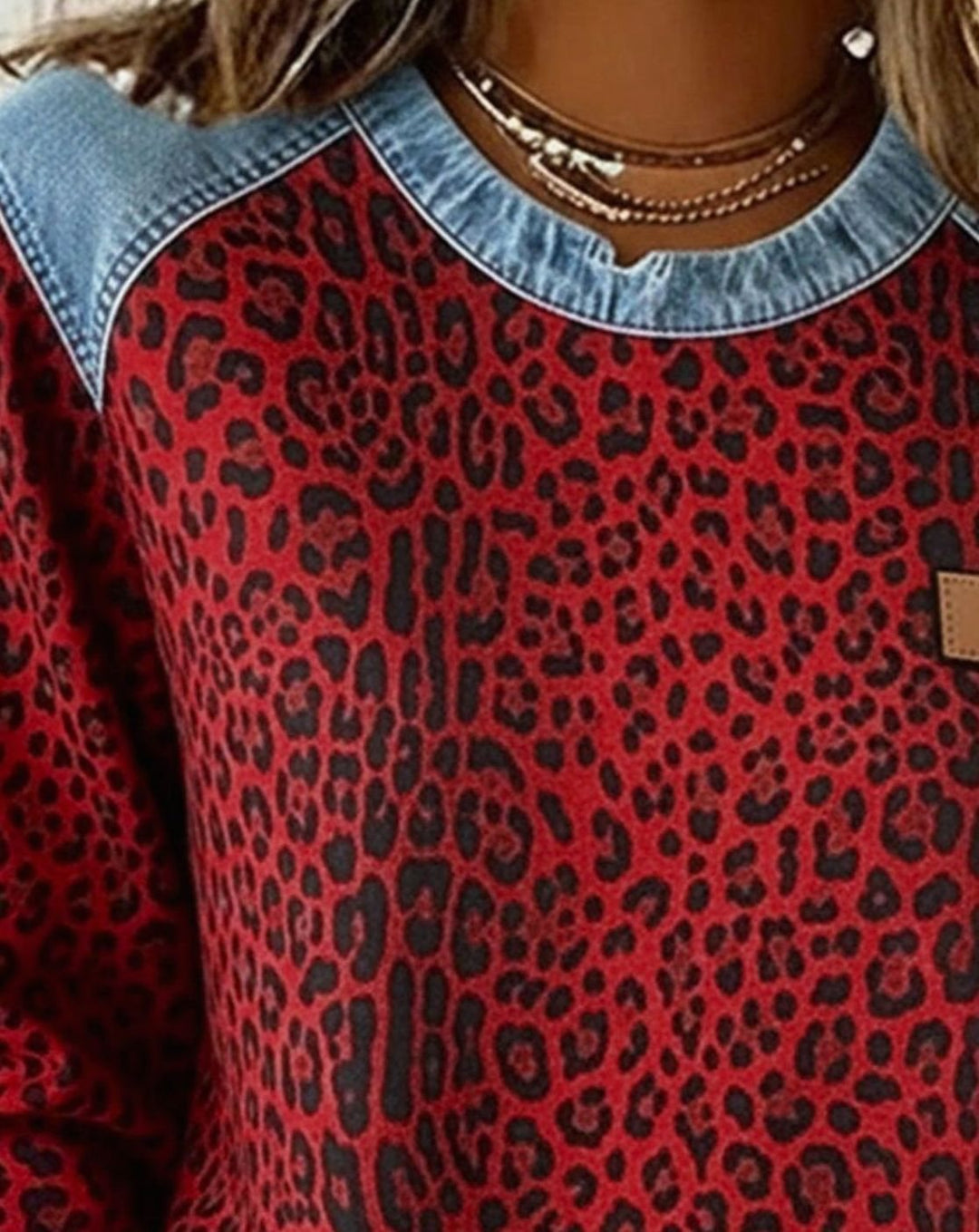 Women's Leopard Print Denim Patchwork Crew-Neck Pullover