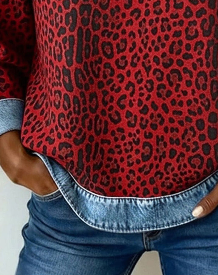 Women's Leopard Print Denim Patchwork Crew-Neck Pullover