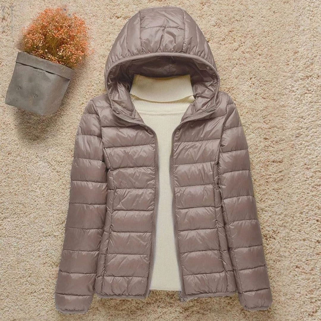 Women's Lightweight Hooded Puffer Jacket Zip-Up Quilted Coat - Taupe