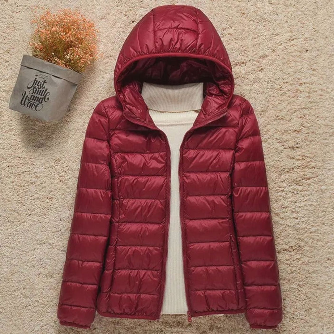 Women's Lightweight Hooded Puffer Jacket Zip-Up Quilted Coat - Burgundy