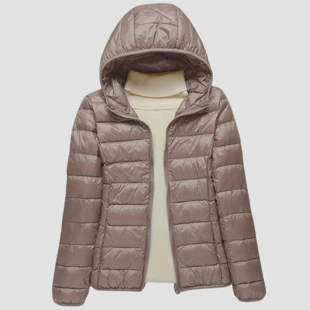 Women's Lightweight Hooded Quilted Puffer Jacket Wind Waterproof - Khaki Hood