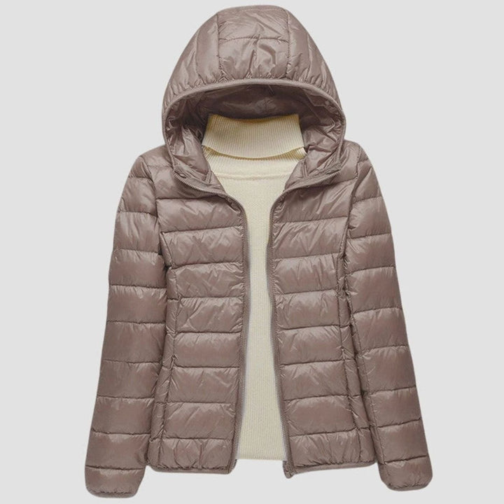 Women's Lightweight Hooded Quilted Puffer Jacket Wind Waterproof - Khaki Hood