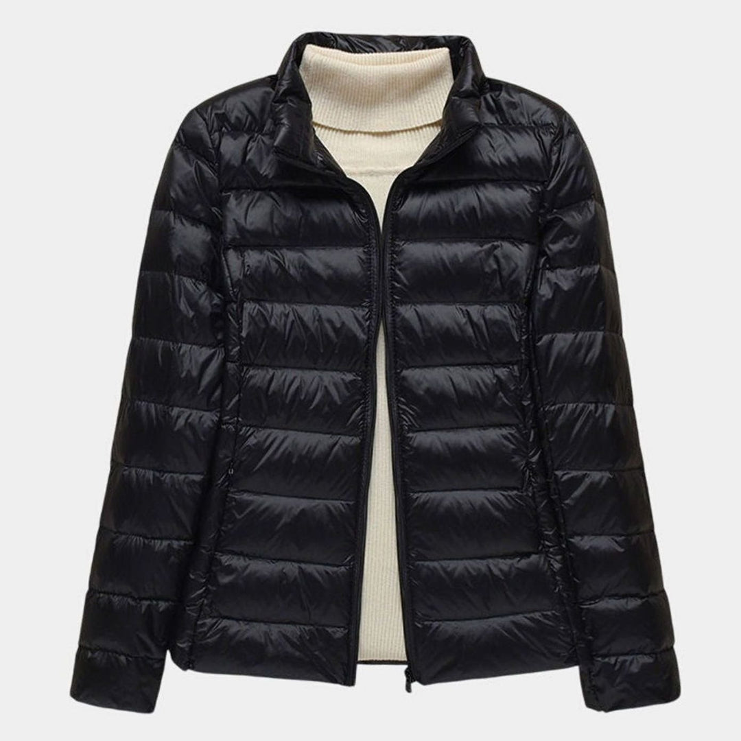 Women's Lightweight Hooded Quilted Puffer Jacket Wind Waterproof - Black Stand-up Collar