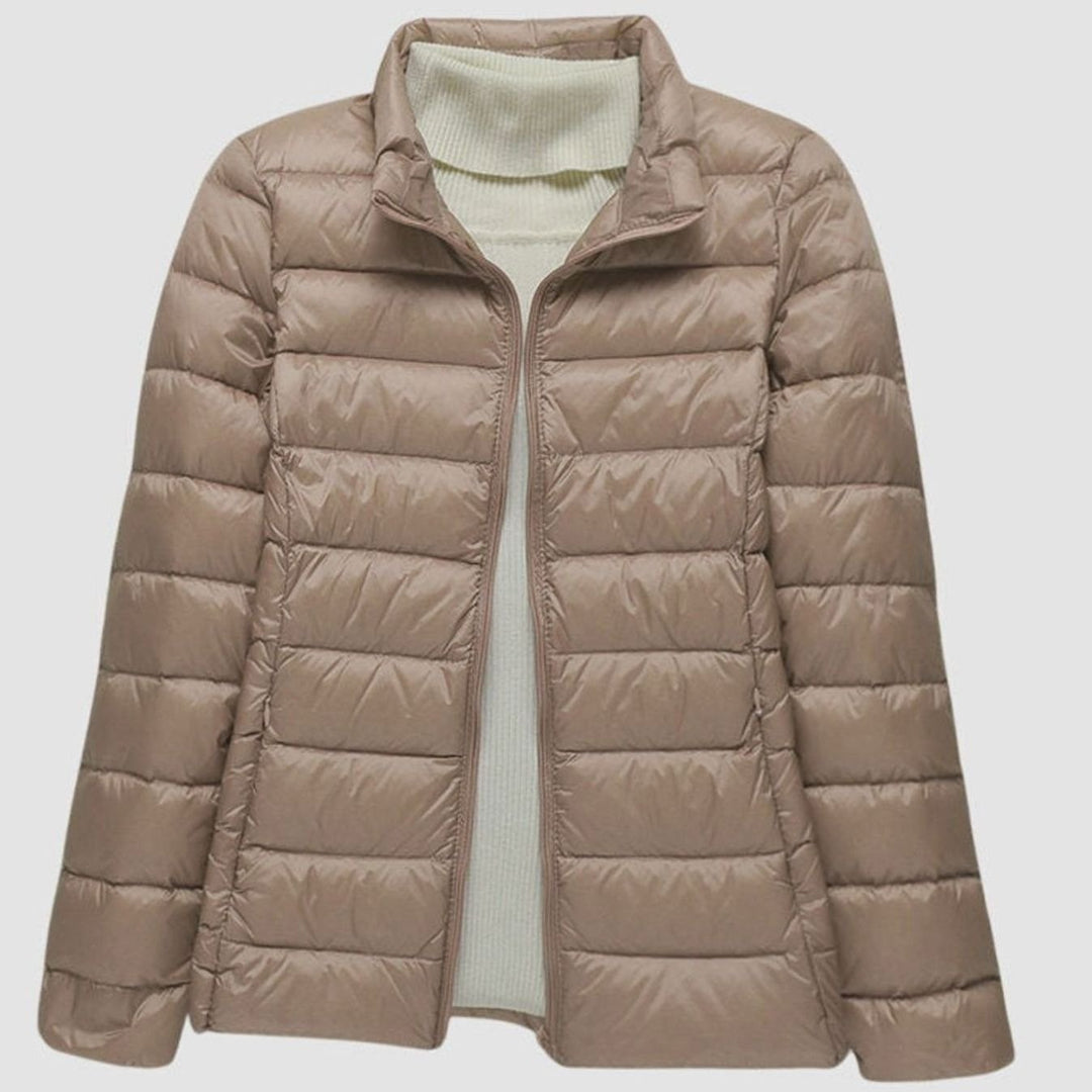 Women's Lightweight Hooded Quilted Puffer Jacket Wind Waterproof - Khaki Stand-up Collar