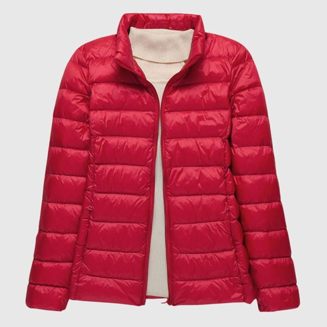 Women's Lightweight Hooded Quilted Puffer Jacket Wind Waterproof - Red Stand-up Collar