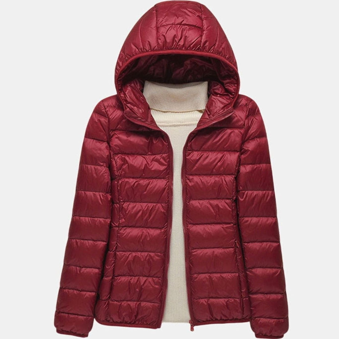 Women's Lightweight Hooded Quilted Puffer Jacket Wind Waterproof - Burgundy Hood