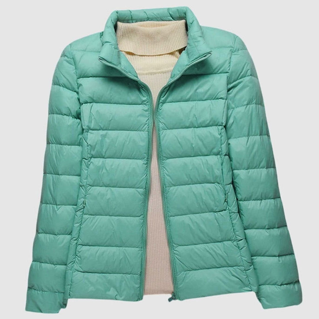 Women's Lightweight Hooded Quilted Puffer Jacket Wind Waterproof - Turquoise Stand-up Collar