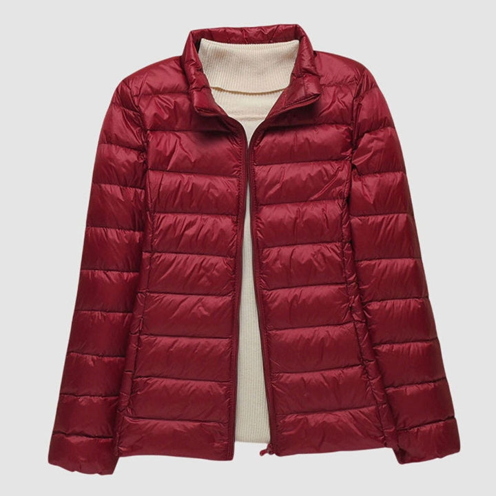 Women's Lightweight Hooded Quilted Puffer Jacket Wind Waterproof - Burgundy Stand-up Collar