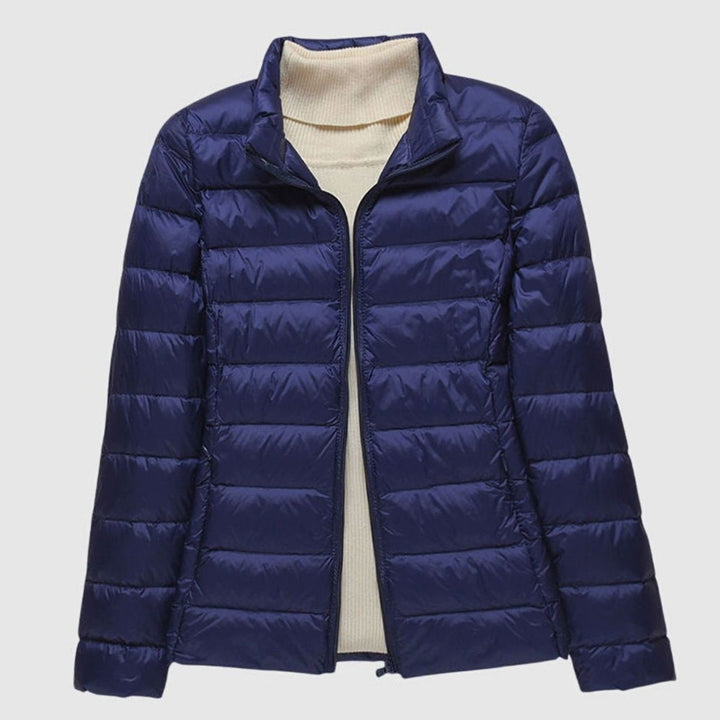 Women's Lightweight Hooded Quilted Puffer Jacket Wind Waterproof - Dark Blue Stand-up Collar
