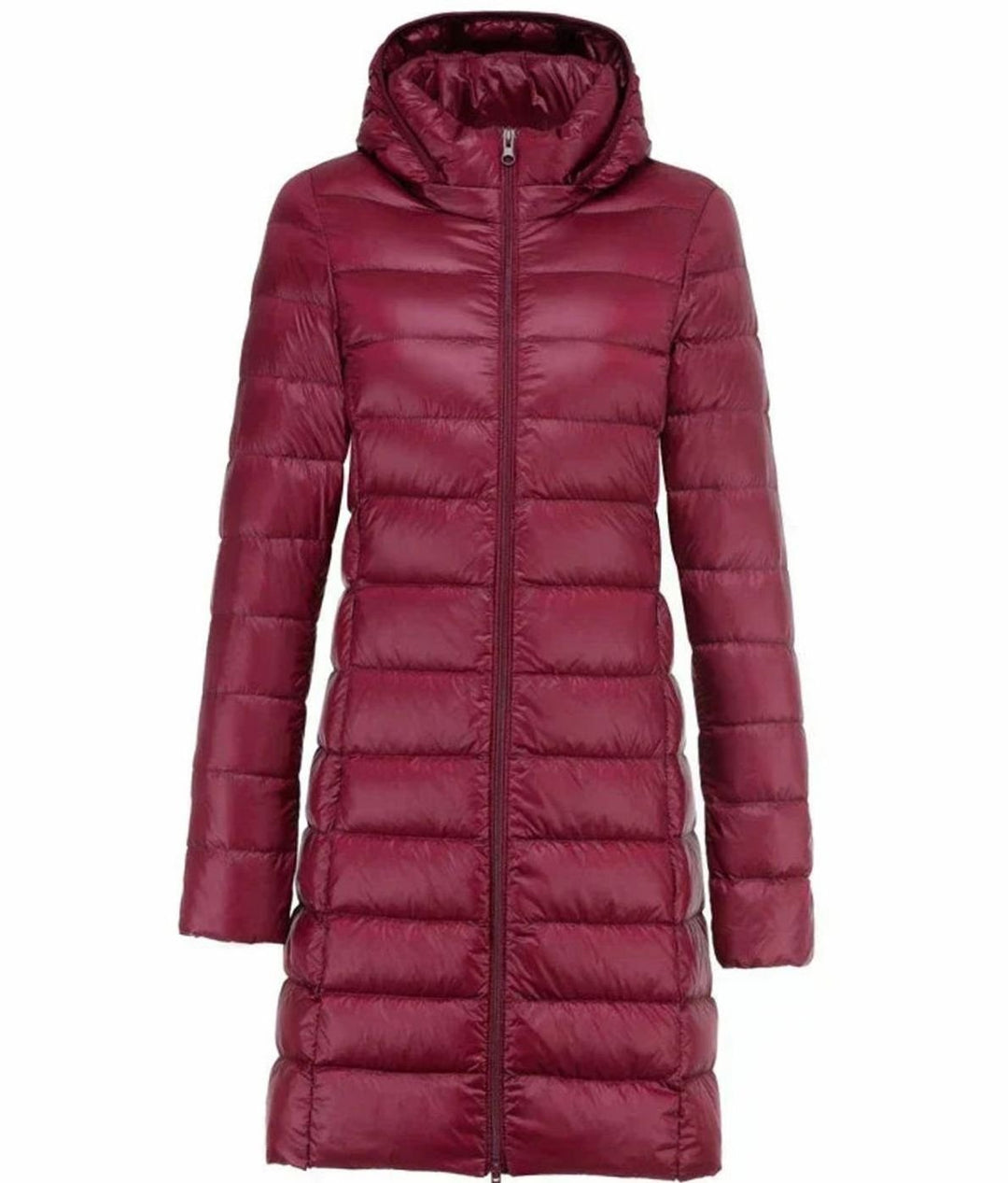 Women's Lightweight Long Hooded Puffer Coat Zip-Up - Burgundy
