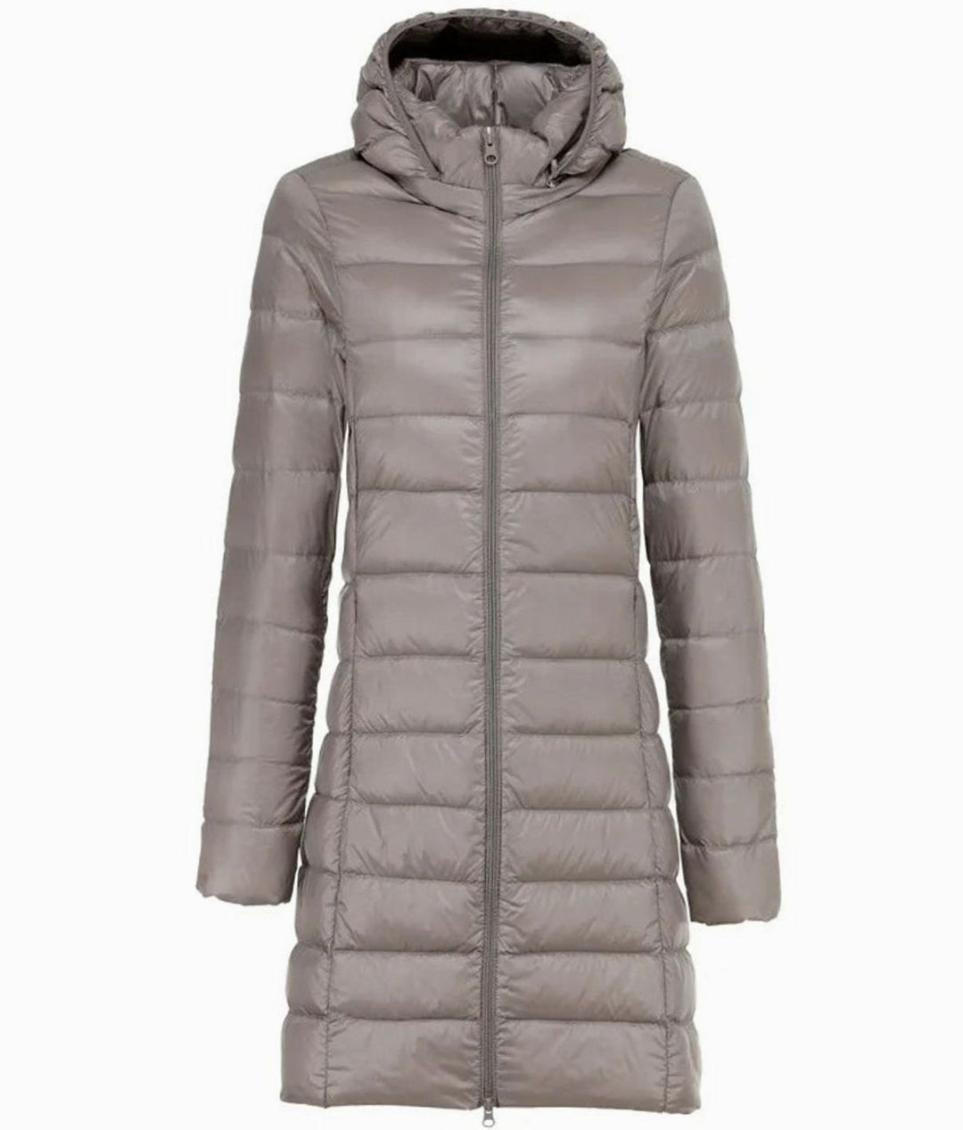 Women's Lightweight Long Hooded Puffer Coat Zip-Up - Khaki