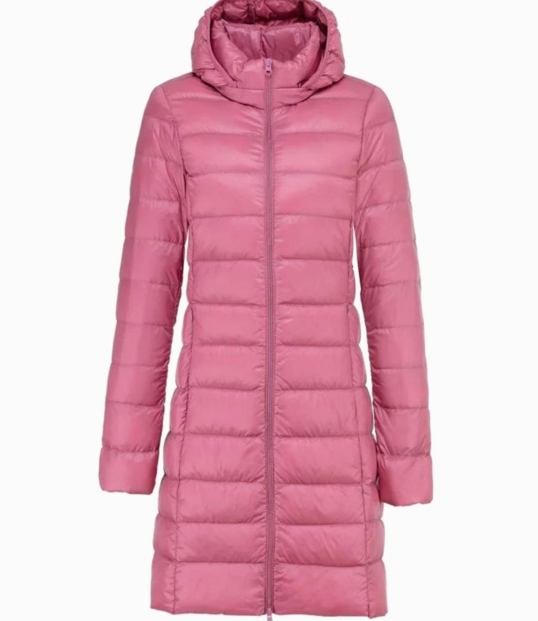 Women's Lightweight Long Hooded Puffer Coat Zip-Up - Pink