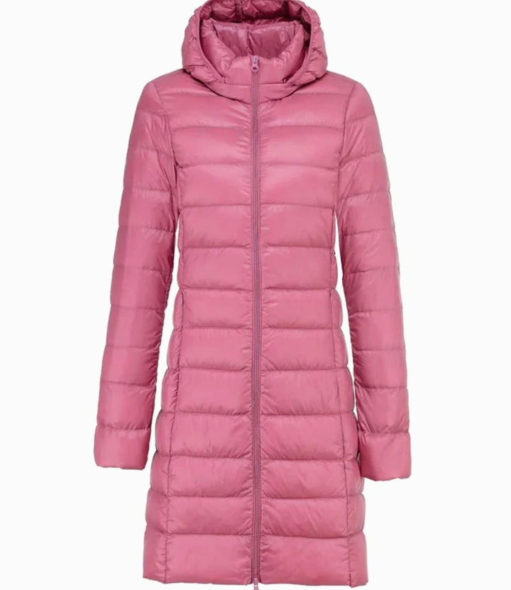 Women's Lightweight Long Hooded Puffer Coat Zip-Up - Pink