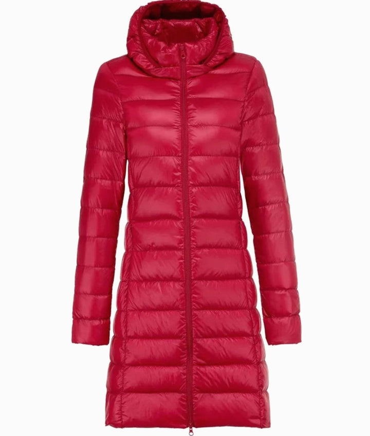 Women's Lightweight Long Hooded Puffer Coat Zip-Up - Red