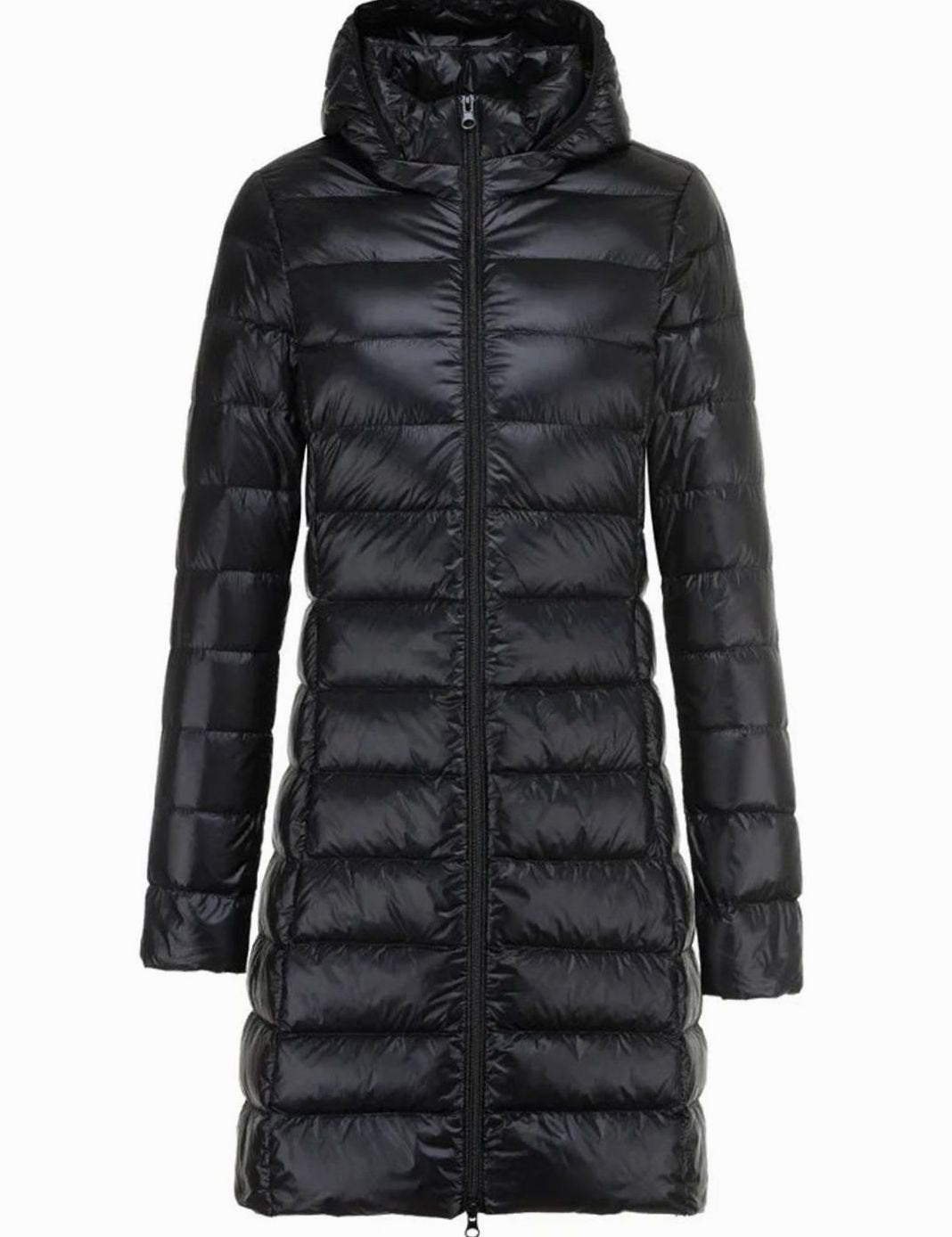 Women's Lightweight Long Hooded Puffer Coat Zip-Up - Black