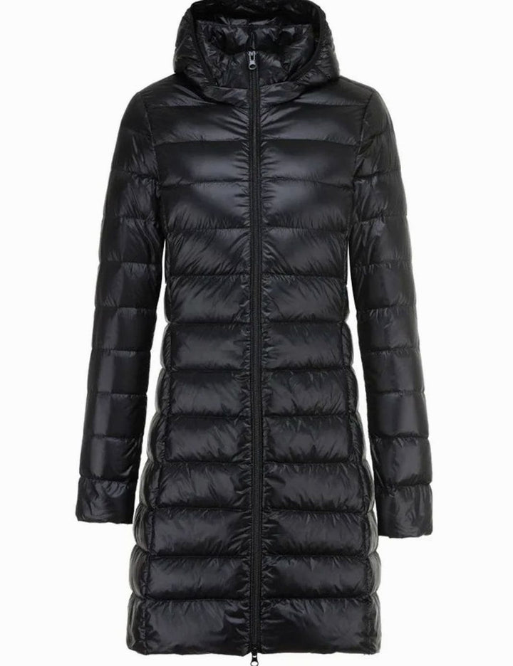 Women's Lightweight Long Hooded Puffer Coat Zip-Up - Black