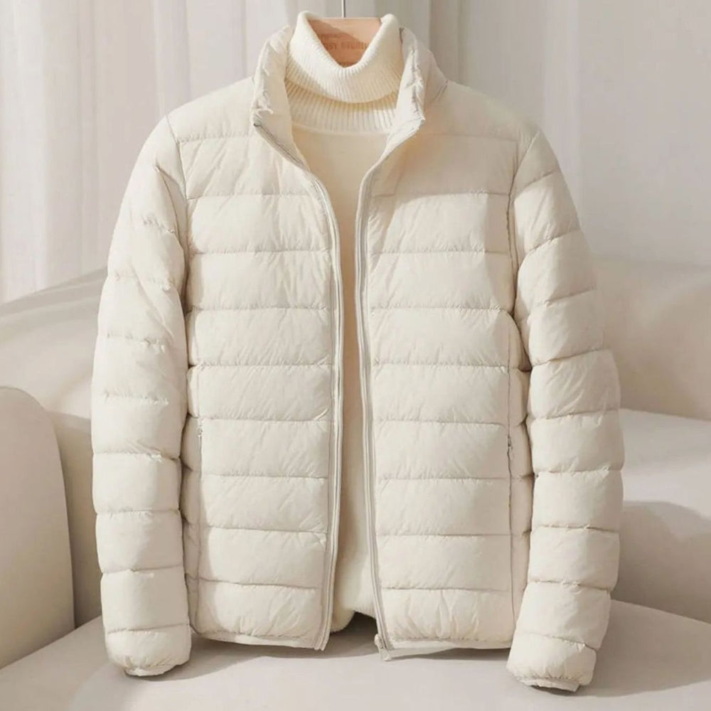 Women's Lightweight Quilted Puffer Jacket Stand Collar Coat - Beige