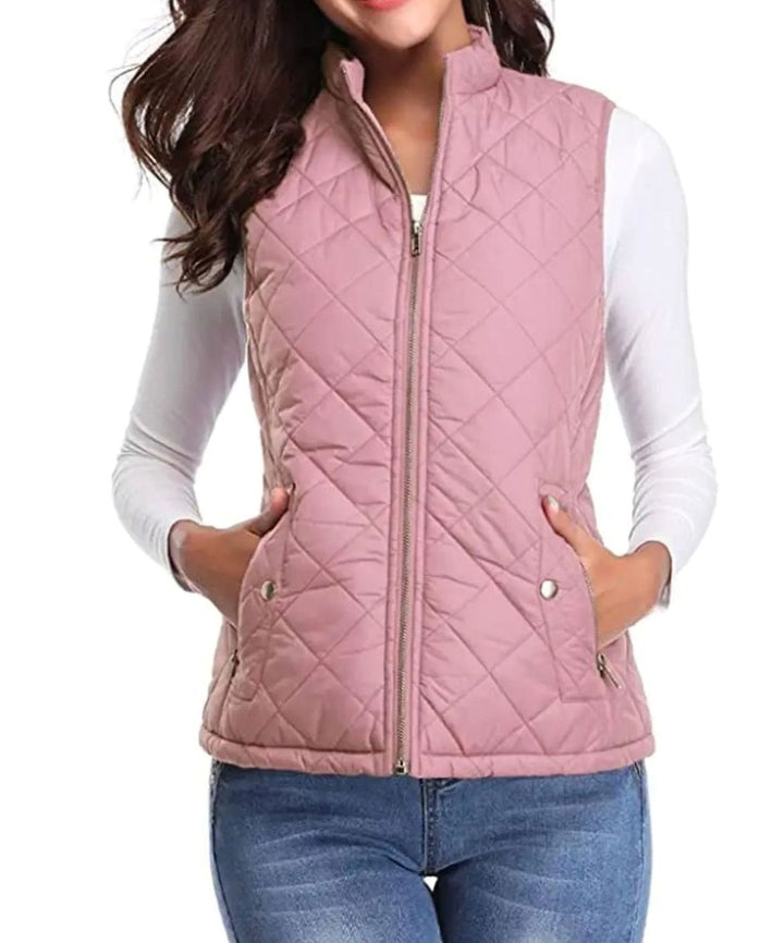 Women's Lightweight Quilted Zip-Up Puffer Gilet Stand Collar - Pink