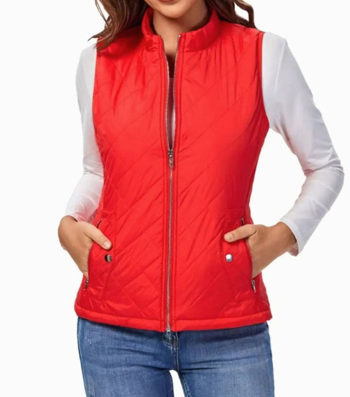 Women's Lightweight Quilted Zip-Up Puffer Gilet Stand Collar - Red