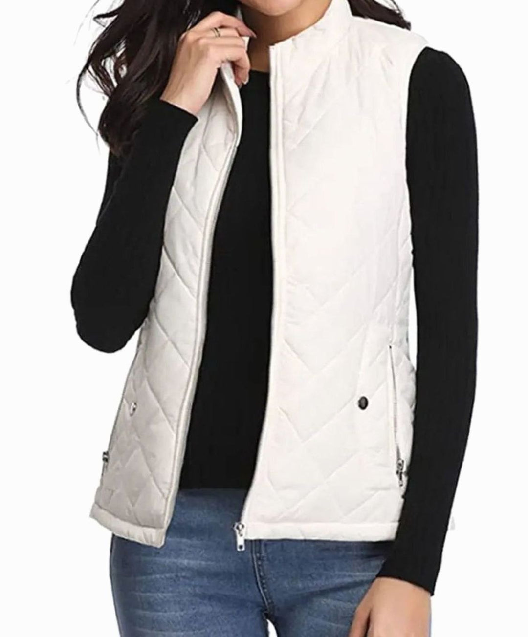 Women's Lightweight Quilted Zip-Up Puffer Gilet Stand Collar - White