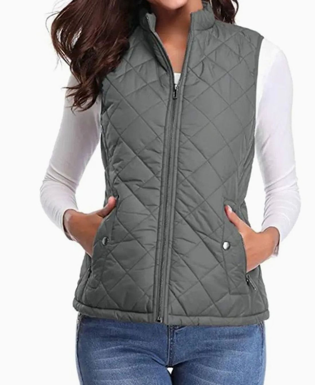 Women's Lightweight Quilted Zip-Up Puffer Gilet Stand Collar - Grey
