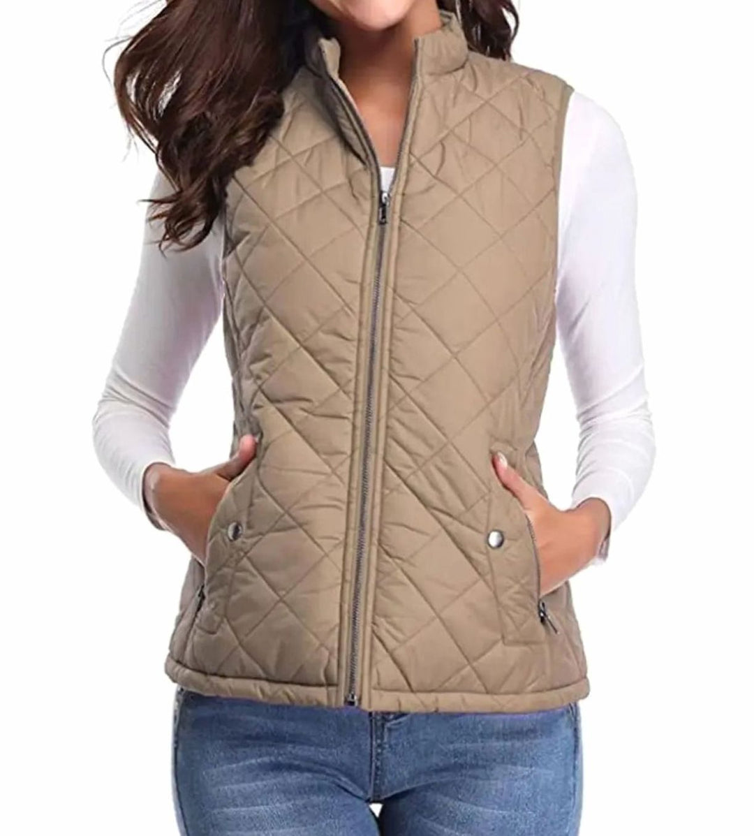 Women's Lightweight Quilted Zip-Up Puffer Gilet Stand Collar - Light Mocha