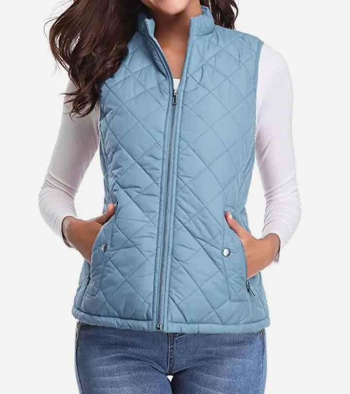 Women's Lightweight Quilted Zip-Up Puffer Gilet Stand Collar - Light Blue