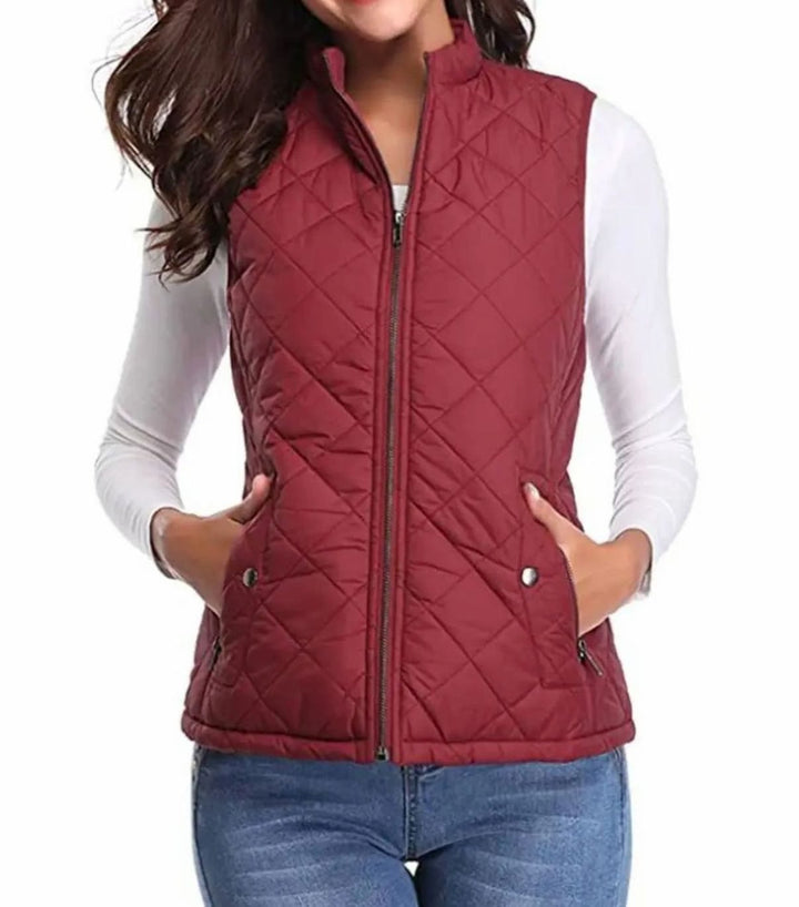 Women's Lightweight Quilted Zip-Up Puffer Gilet Stand Collar - Burgundy