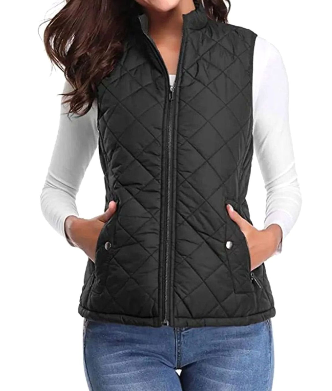 Women's Lightweight Quilted Zip-Up Puffer Gilet Stand Collar - Black