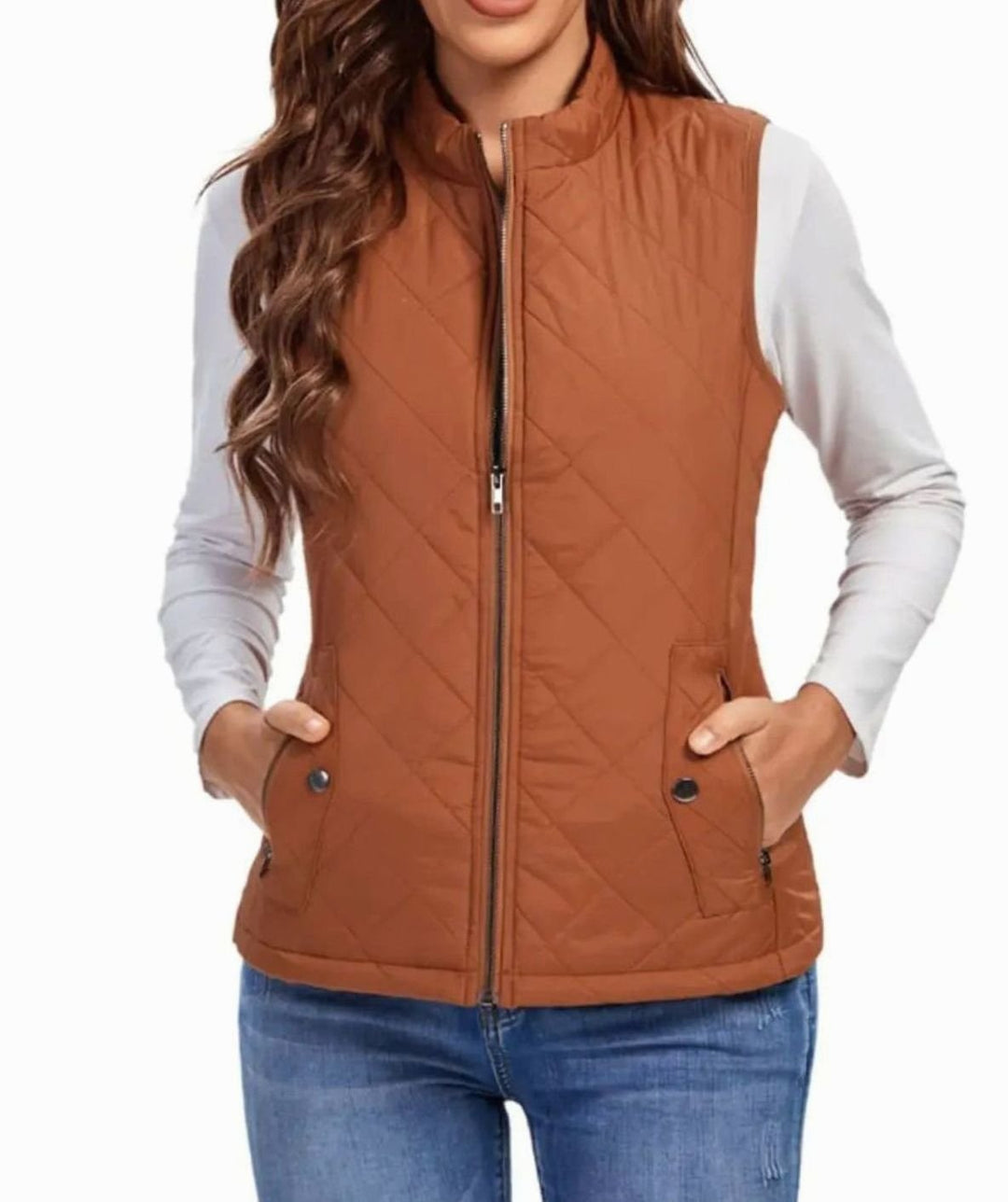 Women's Lightweight Quilted Zip-Up Puffer Gilet Stand Collar - Khaki