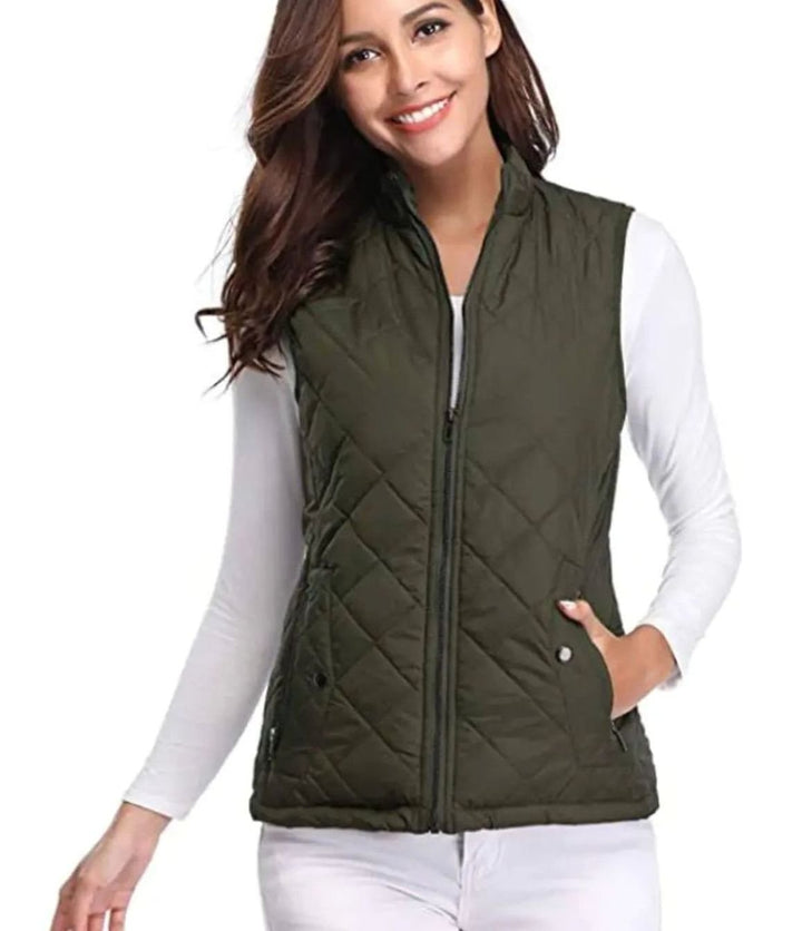Women's Lightweight Quilted Zip-Up Puffer Gilet Stand Collar - Olive Green
