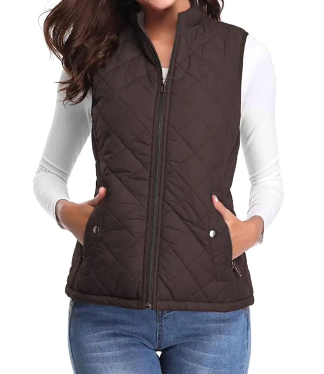Women's Lightweight Quilted Zip-Up Puffer Gilet Stand Collar - Brown