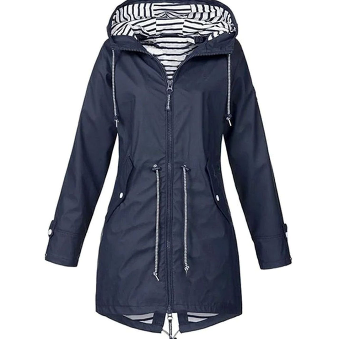 Women's Lightweight Waterproof Drawstring Hooded Trench Coat - Navy Blue