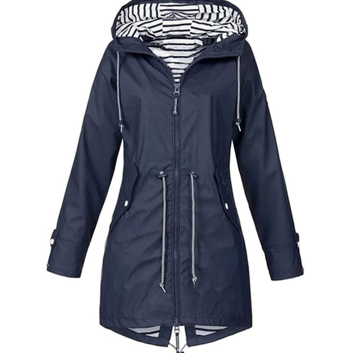 Women's Lightweight Waterproof Drawstring Hooded Trench Coat - Navy Blue