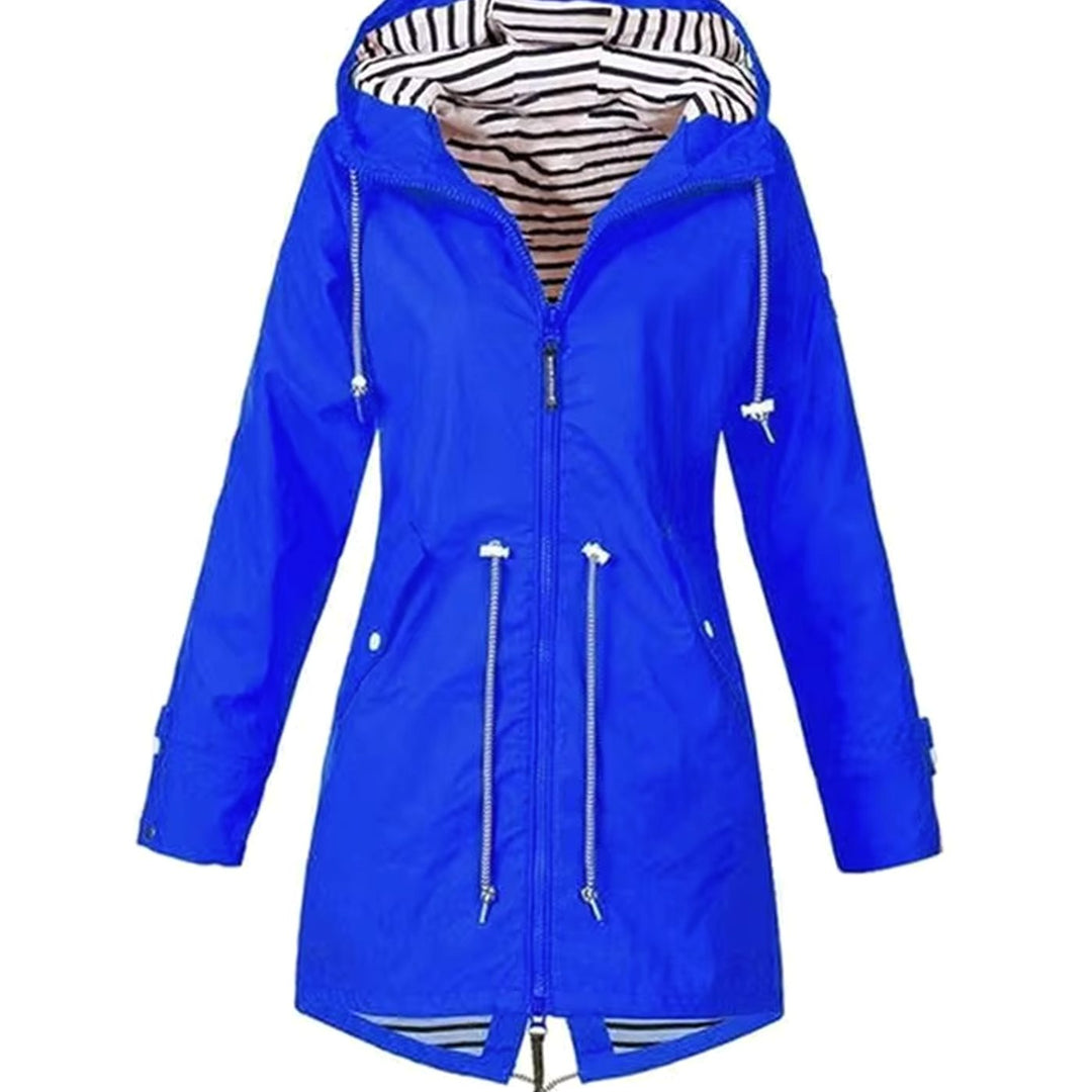 Women's Lightweight Waterproof Drawstring Hooded Trench Coat - Blue