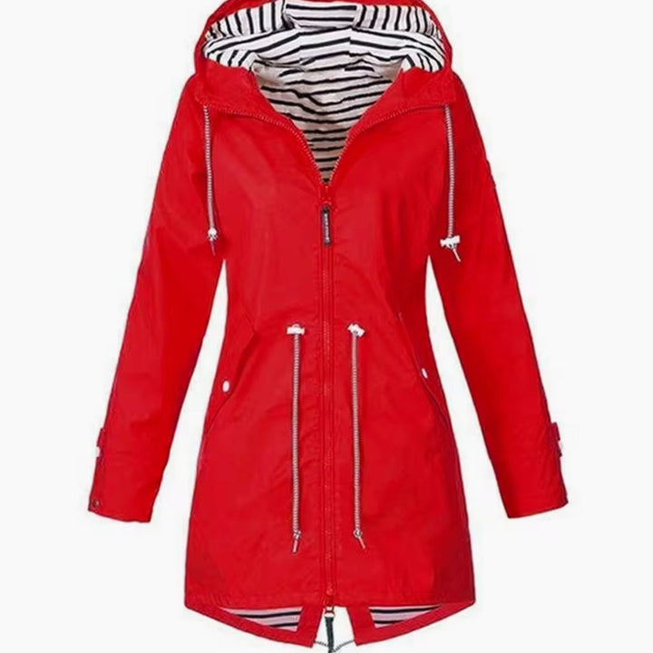 Women's Lightweight Waterproof Drawstring Hooded Trench Coat - Red