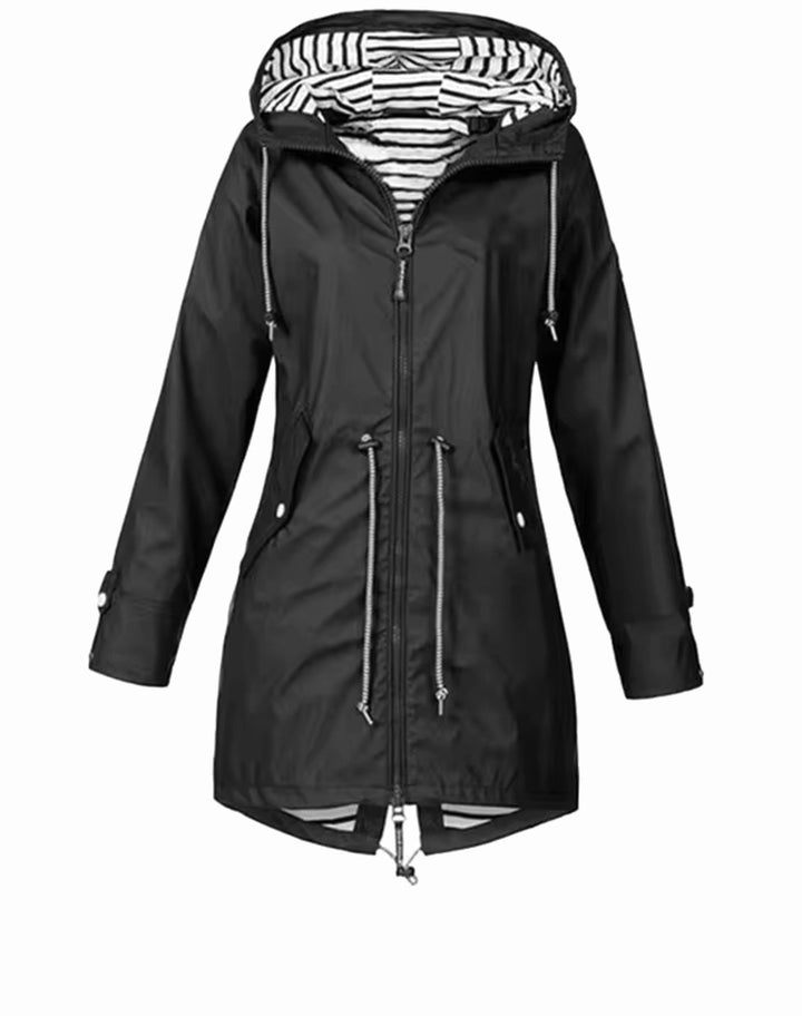 Women's Lightweight Waterproof Drawstring Hooded Trench Coat - Black