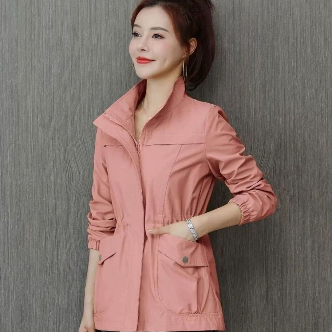 Women's Lightweight Zip-Up Trench Coat Elasticated Waist - Pink