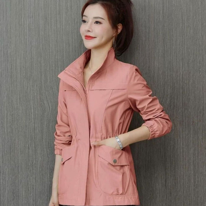 Women's Lightweight Zip-Up Trench Coat Elasticated Waist - Pink