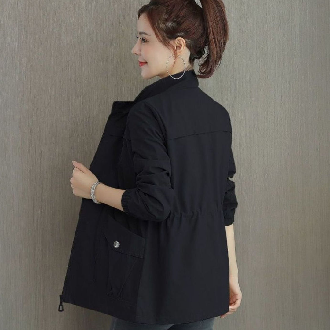 Women's Lightweight Zip-Up Trench Coat Elasticated Waist - Black