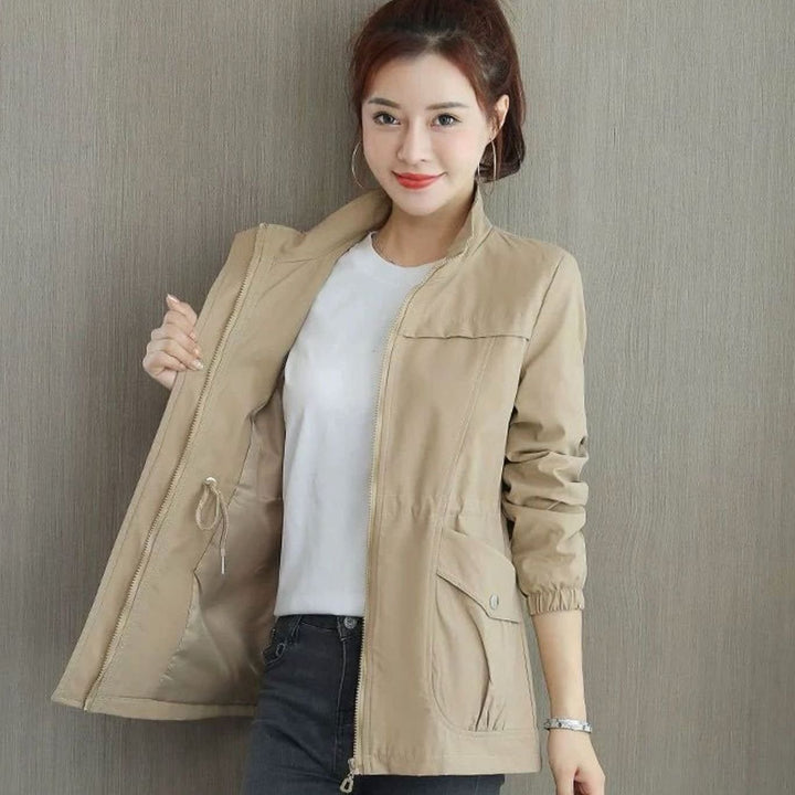 Women's Lightweight Zip-Up Trench Coat Elasticated Waist - Khaki