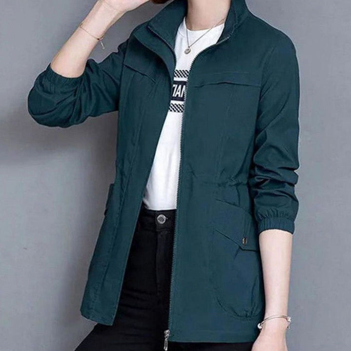 Women's Lightweight Zip-Up Trench Coat Elasticated Waist - Blue