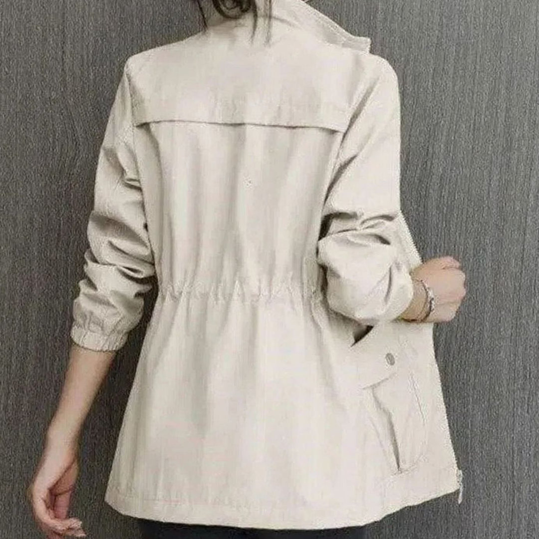 Women's Lightweight Zip-Up Trench Coat Elasticated Waist - Beige