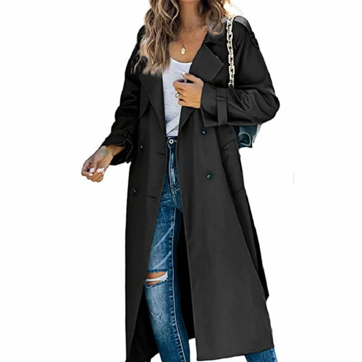 Women's Long Double-Breasted Belted Trench Coat - Black