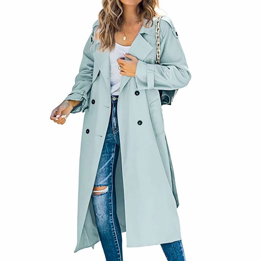 Women's Long Double-Breasted Belted Trench Coat - Light Blue