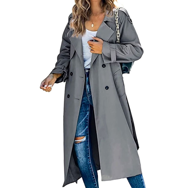 Women's Long Double-Breasted Belted Trench Coat - Grey