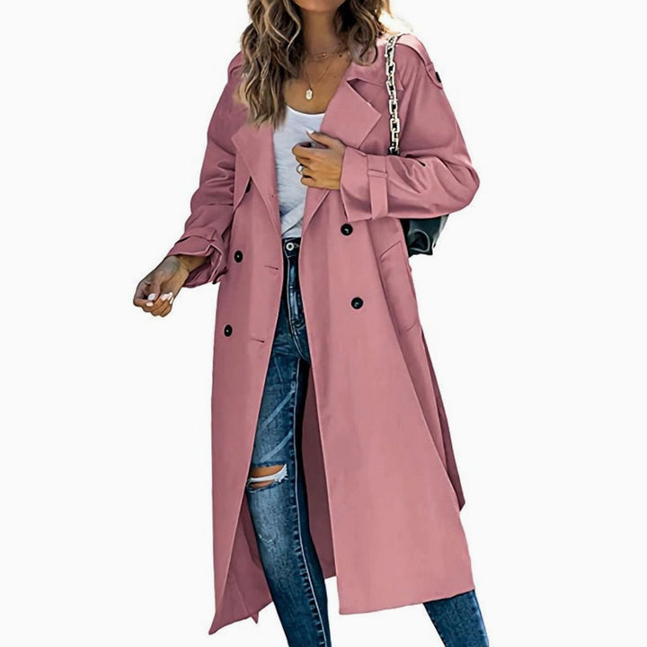 Women's Long Double-Breasted Belted Trench Coat - Pink