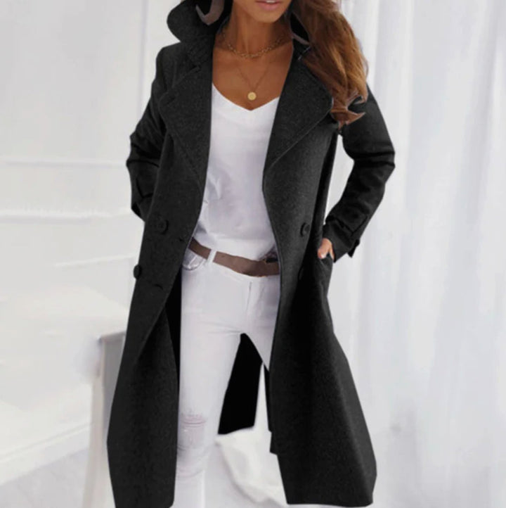 Women's Long Double-Breasted Winter Trench Coat - Black