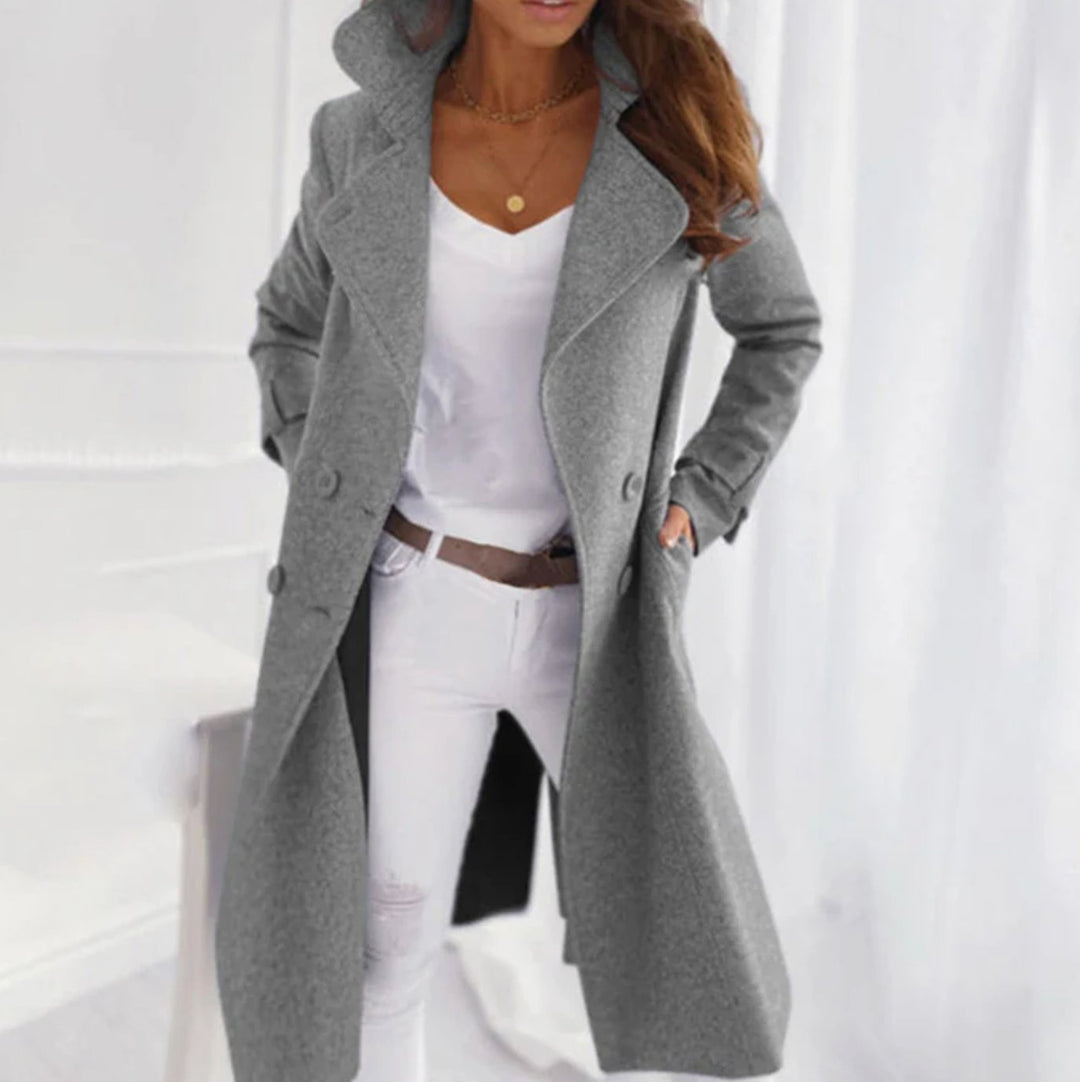 Women's Long Double-Breasted Winter Trench Coat - Grey