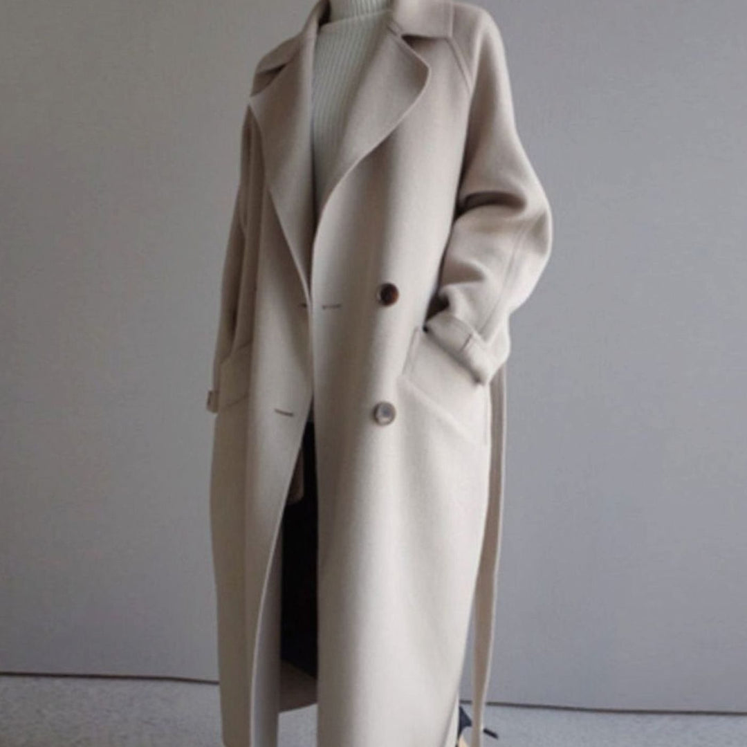 Women's Long Double-Breasted Wool Cashmere Coat Notched Lapel - Off-White